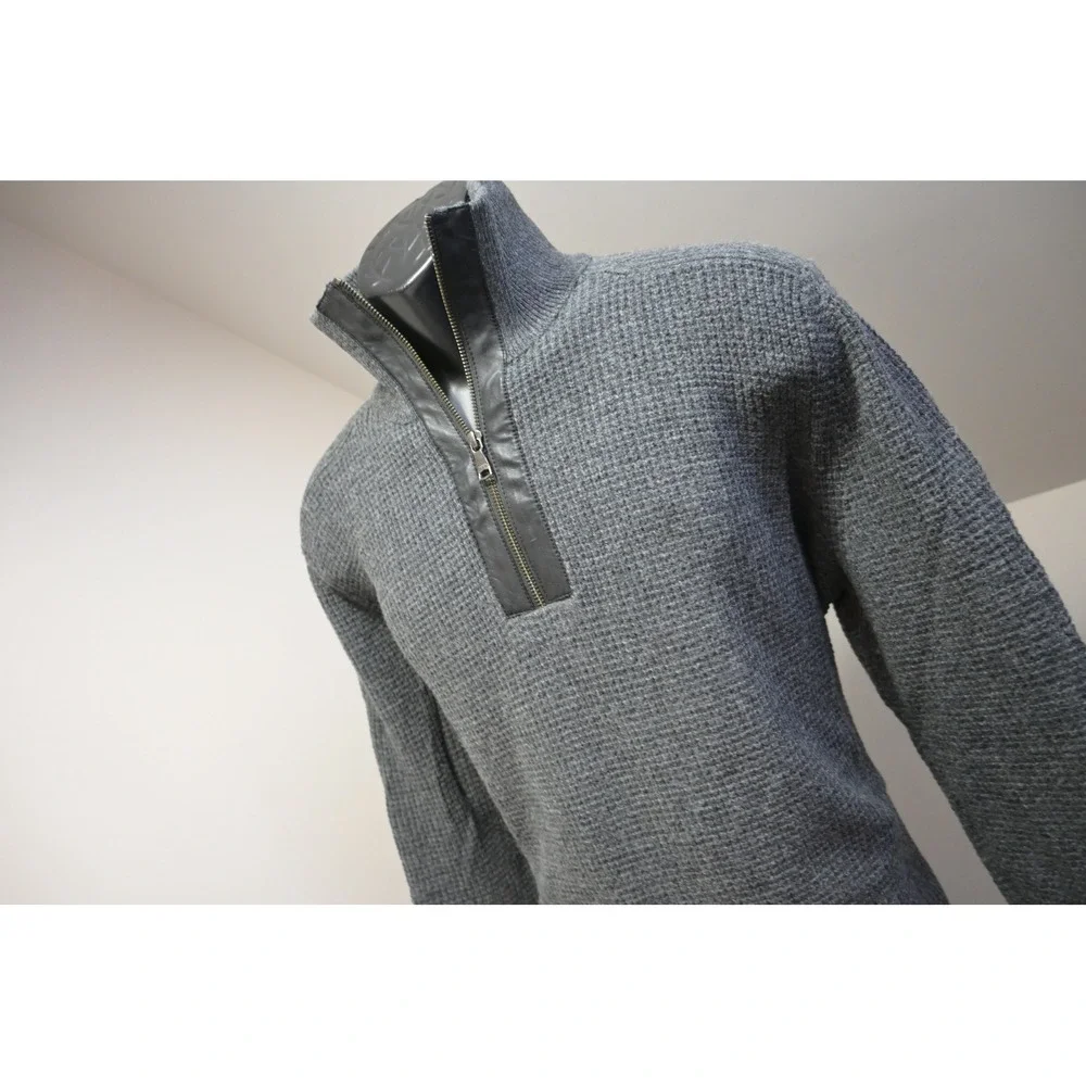Banana Republic Sweater Mens XL Gray Merino Wool Leather Trim Quarter Zip EUC